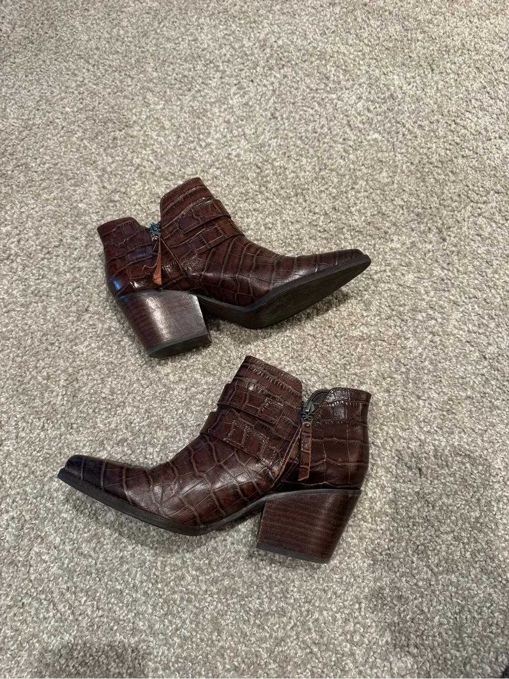 Sam Edelman Dark Brown Croc-Embossed Buckle Ankle Boots